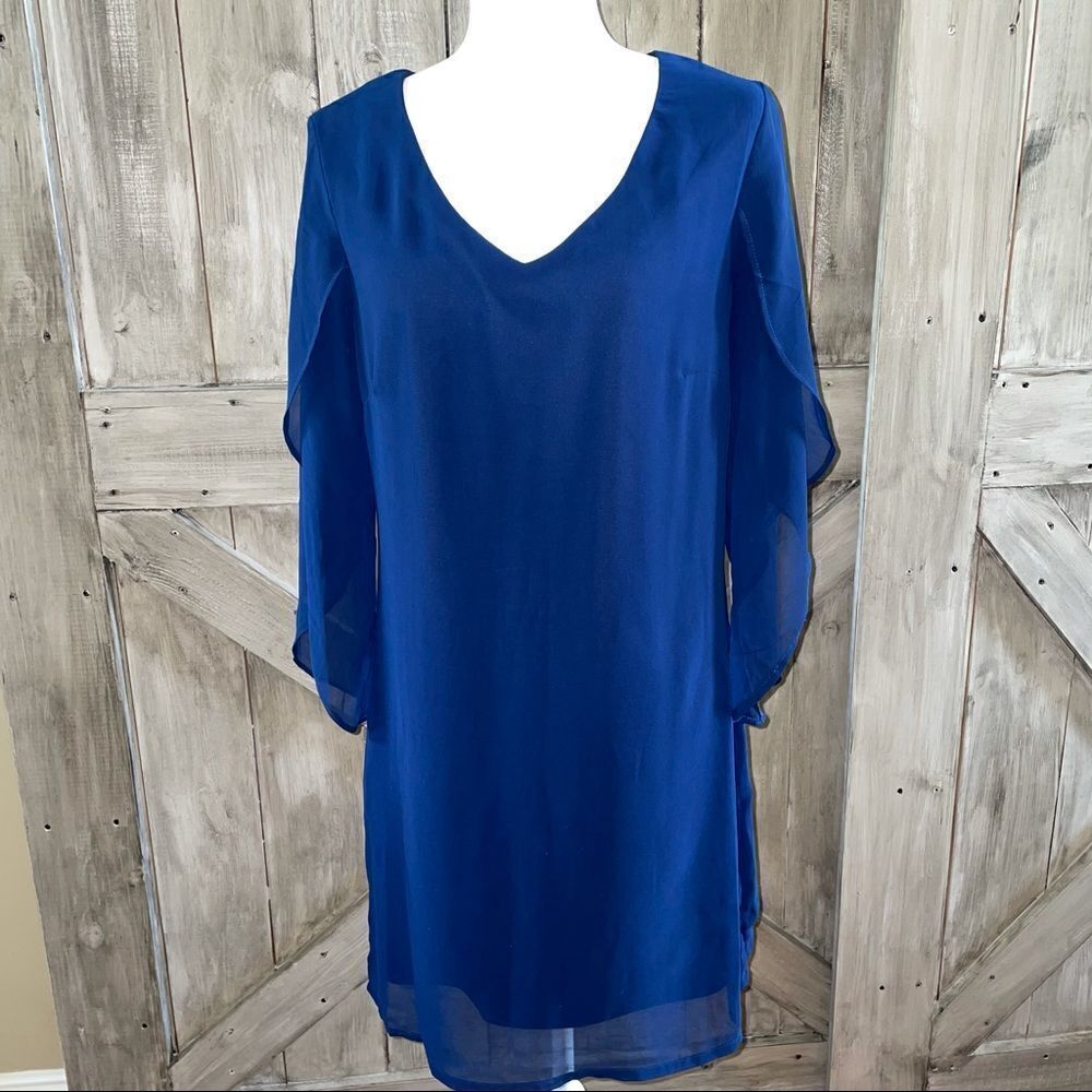Luxology Navy Blue Sheer Flutter Sleeve Dress